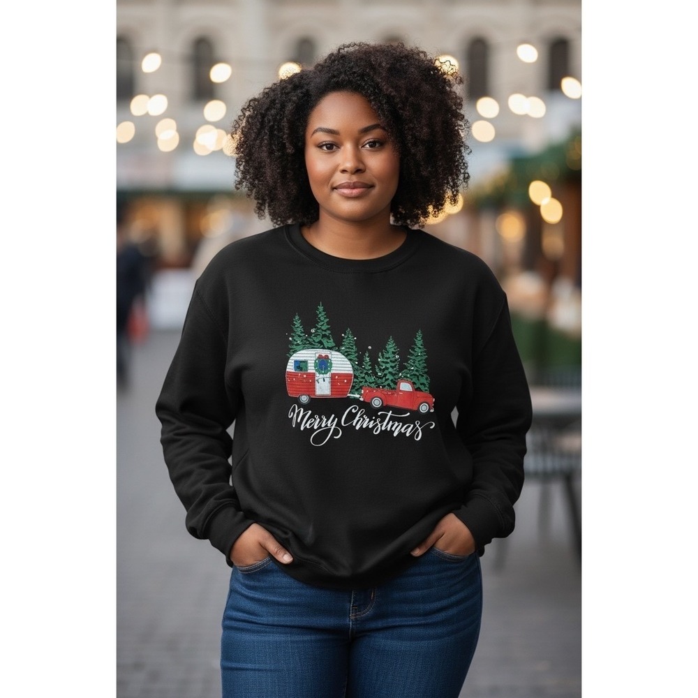 State of Mine Black Christmas Camper Truck Graphic Sweatshirt Women's XXL